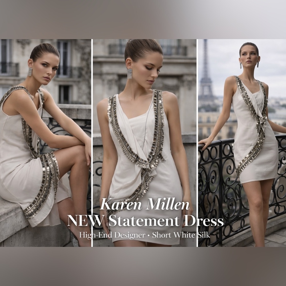 Karen Millen White Silk Mini Dress with Metallic Embellishment